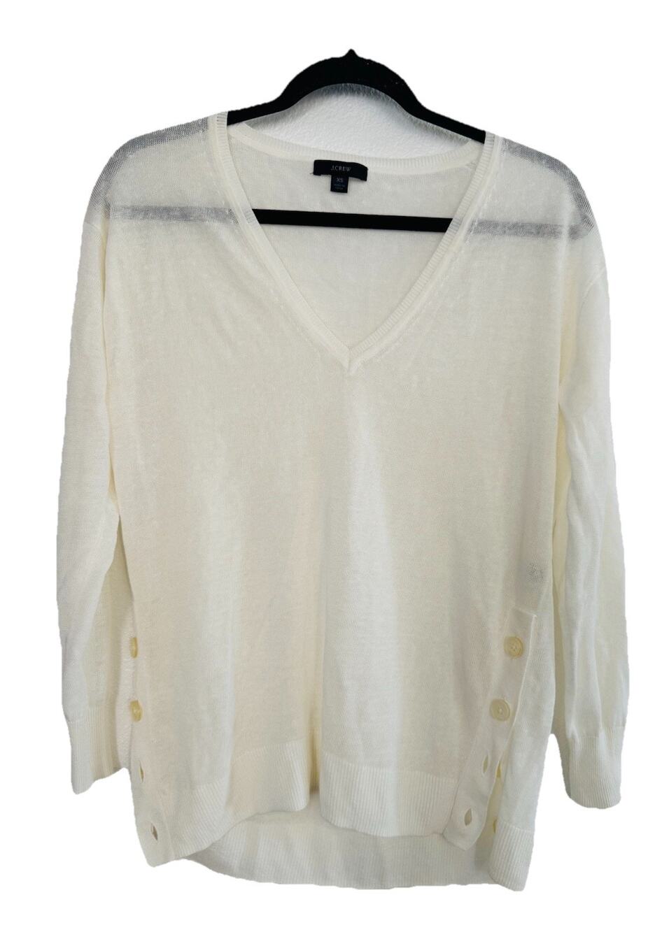 J.Crew Ivory Linen V-Neck Sweater Side Button Detail XS Classic Preppy